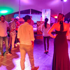 Colorful LED lights during Photo exhibition at night in a restaurant