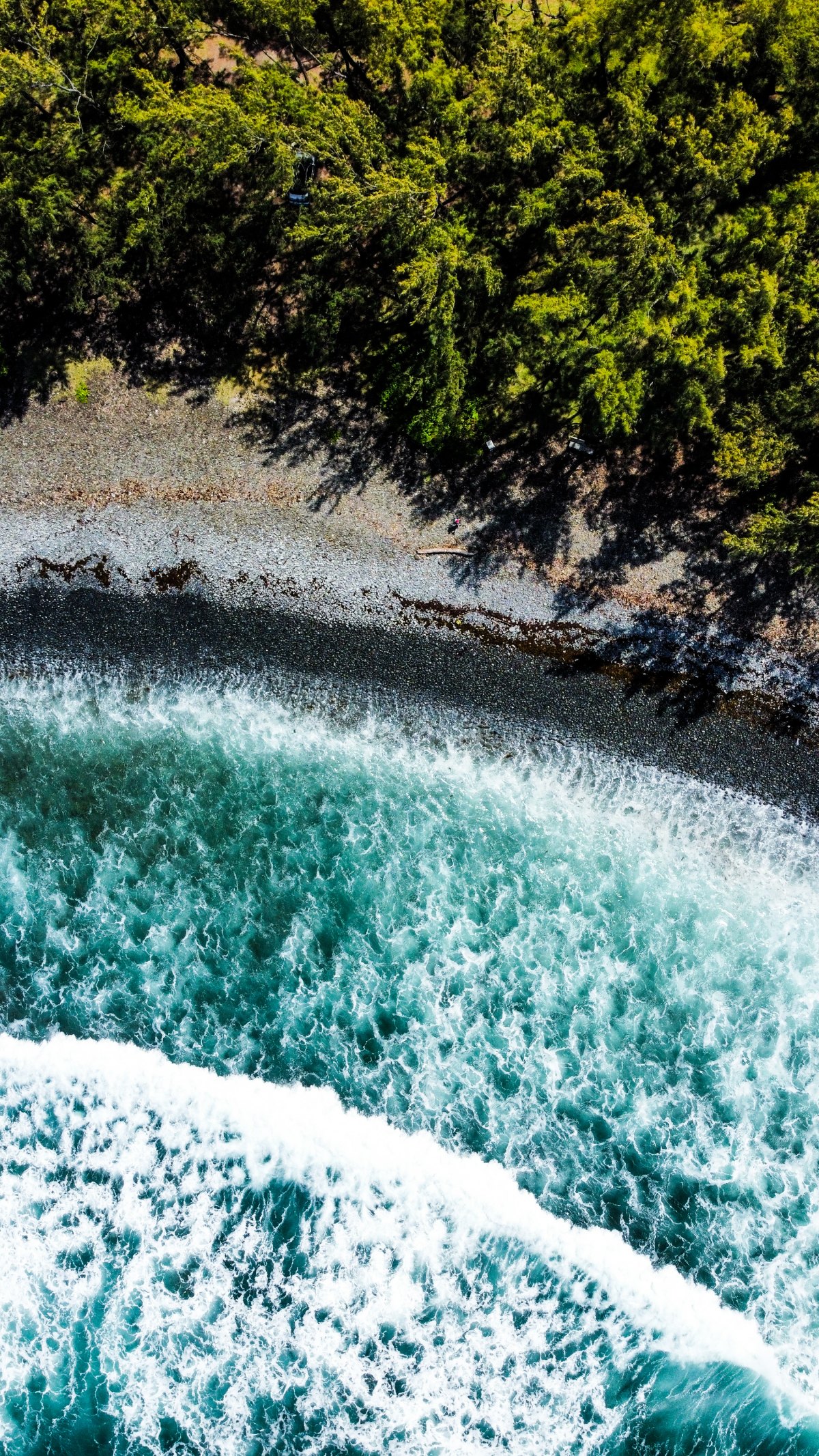Amazing drone photography of Rivière des Galets beach with trees all along the coast in the south of Mauritius. Turquoise heavy sea saves crushing on the rocky beach. Rivière des Galets is known for it's polished black pebbles beach. Aerial view of rocky beach at Riviere des Galets